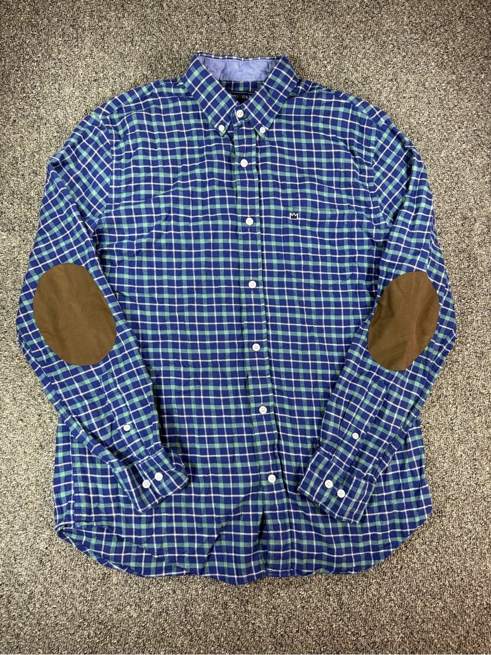crown & ivy Blue and Green Plaid Button-Down Shirt with Brown Elbow Patches